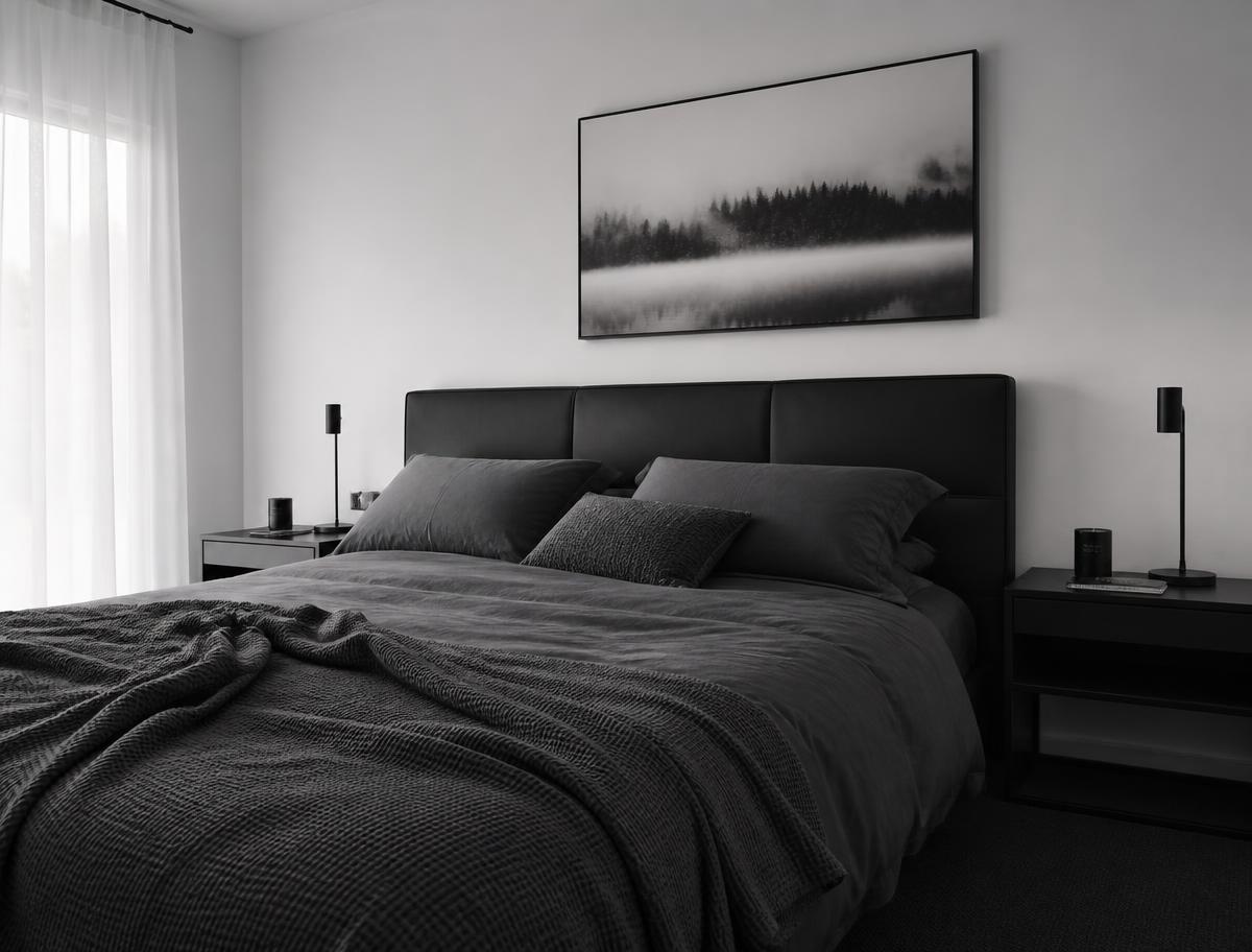 Quarto contemporâneo minimalista em tons de cinza e preto